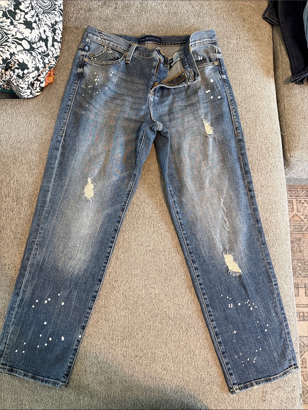 Rock & Republic Blue Distressed Straight Jeans with White Paint Detail